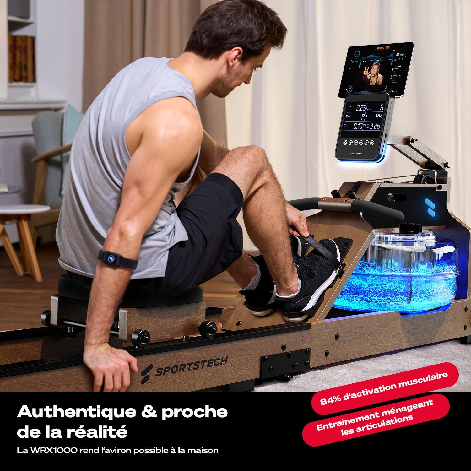 Sportstech WRX1000 Rameur à eau bois foncé