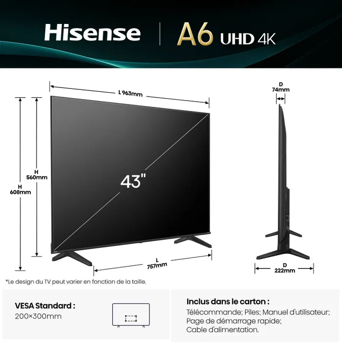 HISENSE Téléviseur UHD 4K 43'' 108cm 43A6Q Noir