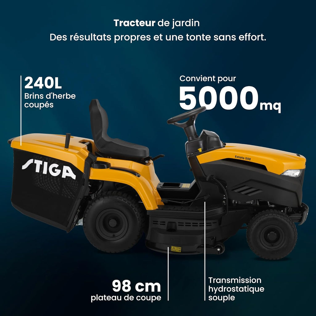 STIGA 598 Estate Tondeuse Autoportée Thermique, 452 cm3, 98 cm – Bac 240 L, Transmission Hydrostatique – Pelouses Jusqu'à 5 000 m²